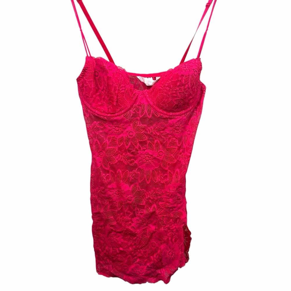Vintage Y2K Victoria's Secret Hot Pink Lace Babydoll Mini Slip Dress Size 34C